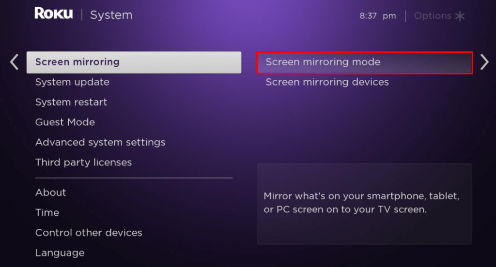 Select Screen mirroring mode - screen mirror on Roku