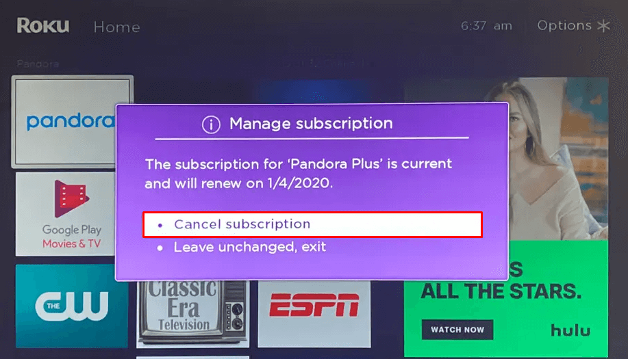 Select Cancel Subscription - Cancel Subscription on Roku