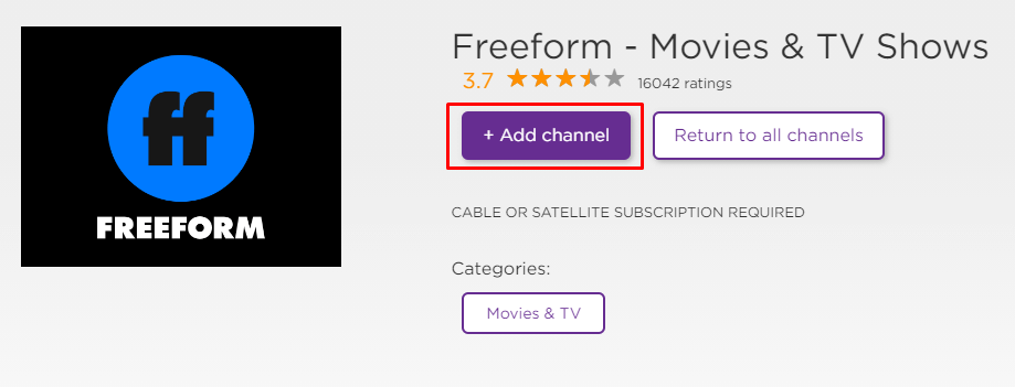 Select Add Channel to get Freeform on Roku