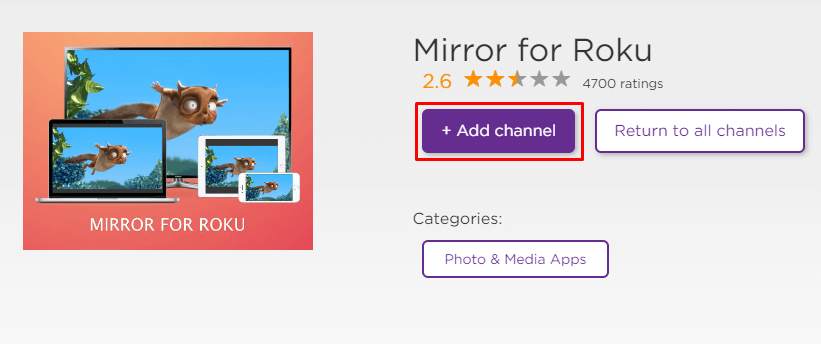 Select Add Channel to get Mirror for Roku