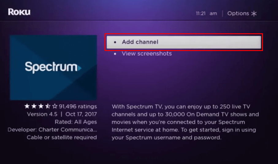 Add Spectrum TV on Roku