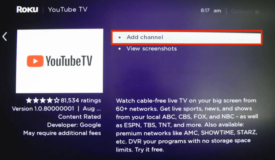Select Add channel to get youTube TV on Roku