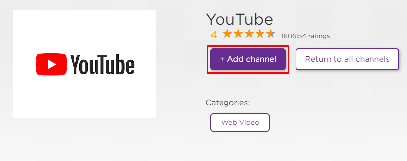 Select Add Channel to install YouTube on Roku