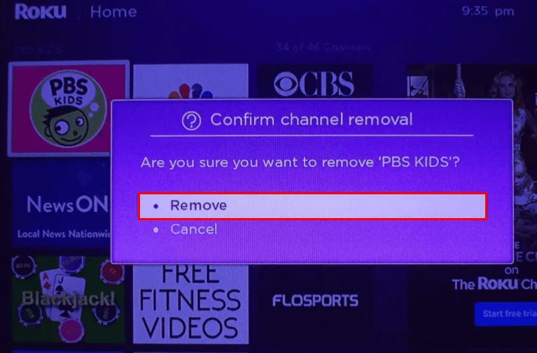 Select Remove to confirm channel Removal