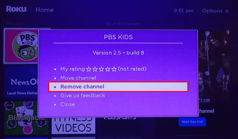 Select Remove channel on Roku