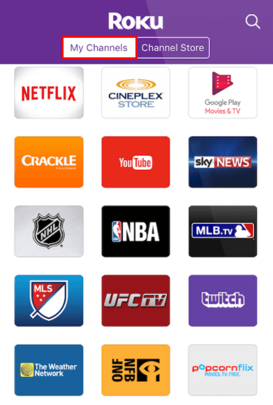 Select My channels in the Roku mobile app