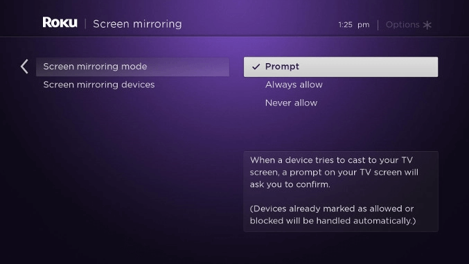 Choose prompt to enable screen mirroring
