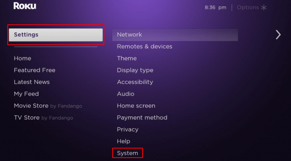 Select System in the settings- Einthusan on Roku