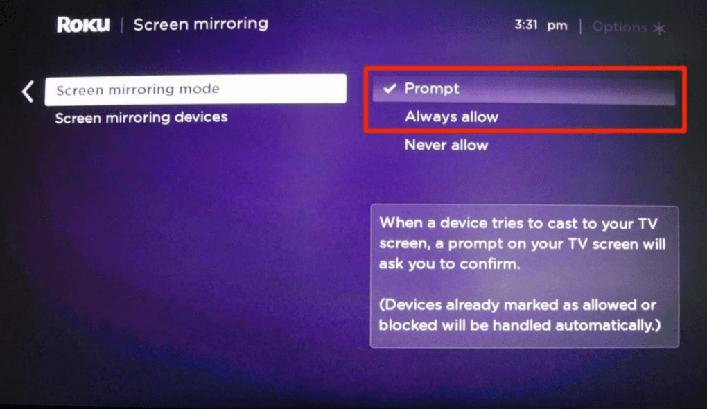 Allow screen mirroring to watch MSG Go on Roku