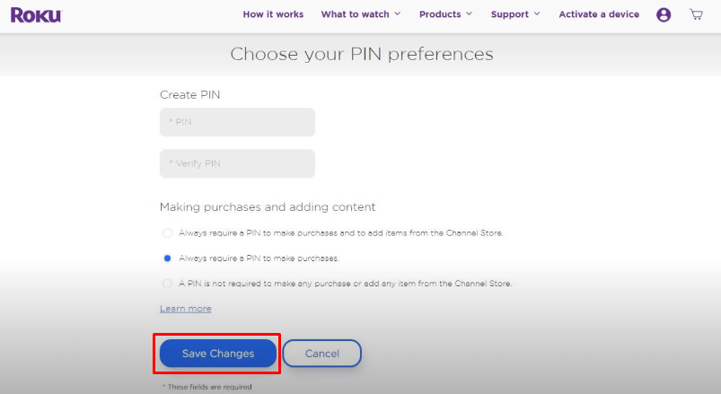 Click Save Changes to reset PIN on Roku