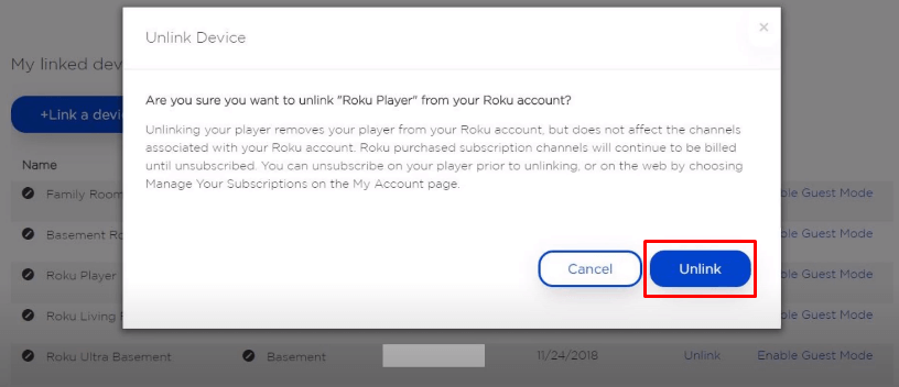Select Unlink to confirm sign out of Roku account