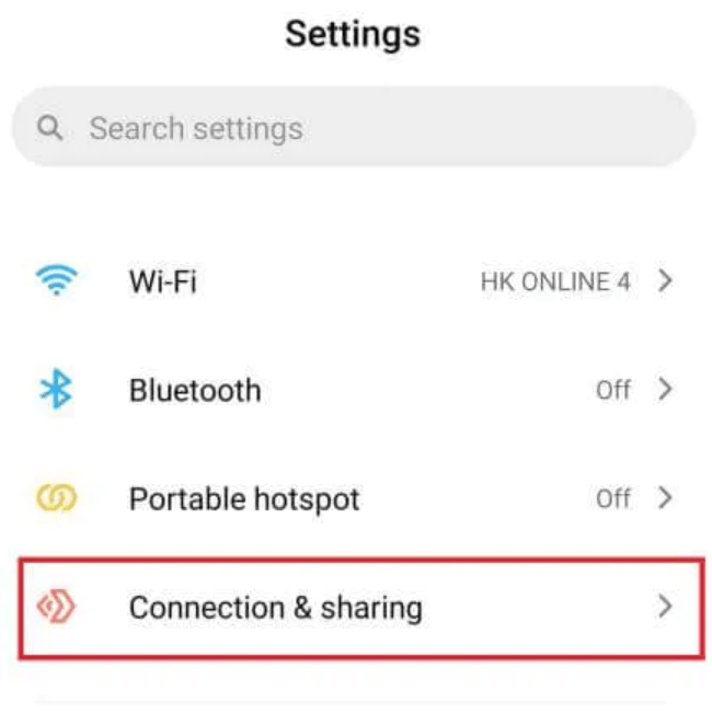 Tap on Connection & Sharing option.