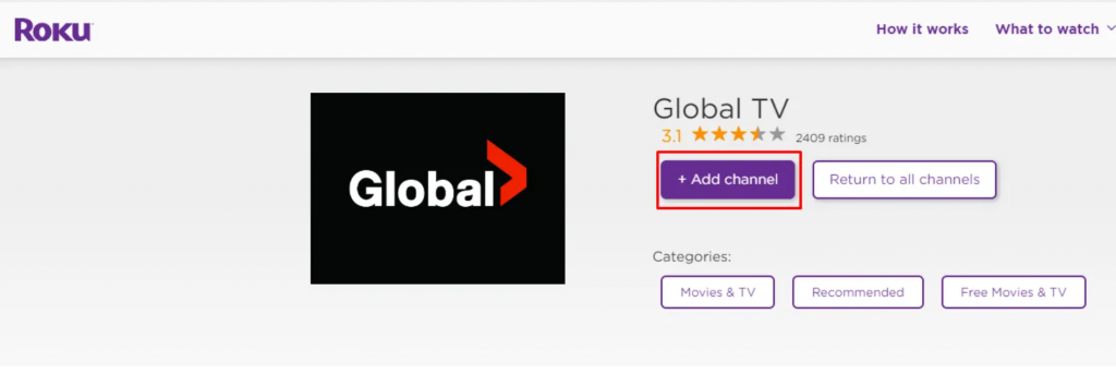 Tap on Add channel to install Global TV on Roku