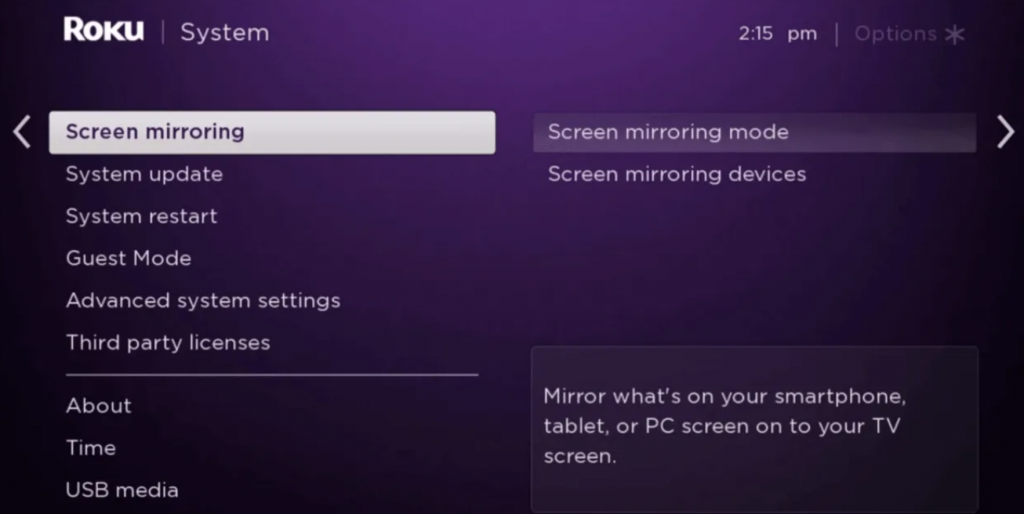 Click Screen Mirroring option to use Google Duo on Roku