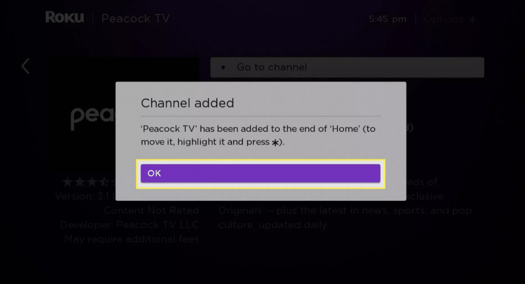 Tap on OK to add Peacock TV to Roku