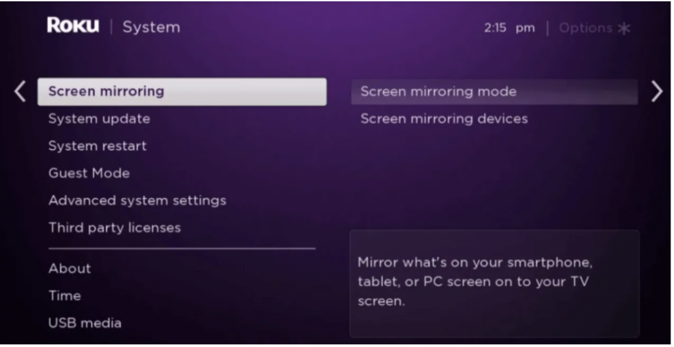 Screen mirroring mode
