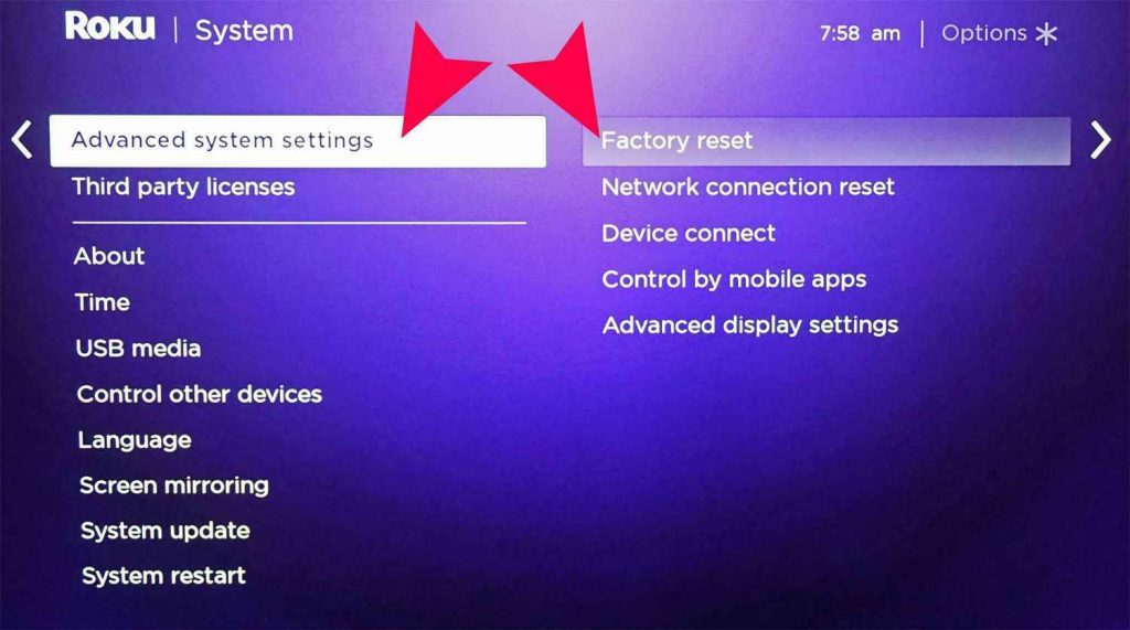 Select Advanced system settings and choose Factory reset to solve AirPlay not working on Roku