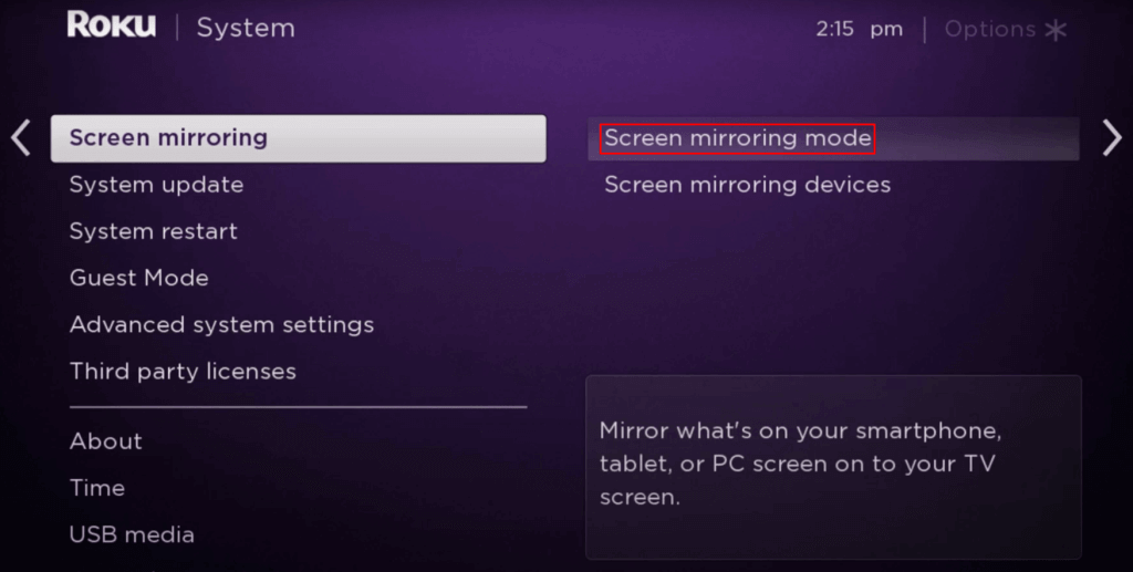 Select Screen mirroring and choose Screen mirroring mode to Install BT Sport on Roku