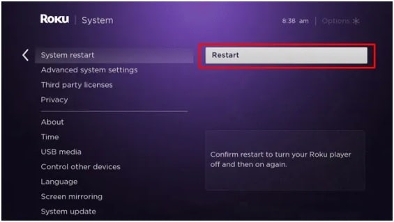 Select Restart to Clear Cache on Roku.