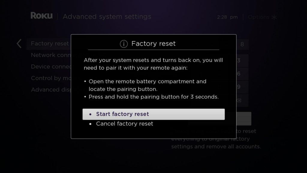 Select start factory reset to fix blinking light issue on Roku remote.