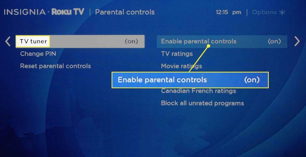 Set Enable parental controls ON to set up parental controls on Roku