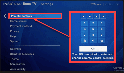 Enter 4 digit PIN and select OK to set up parental controls on Roku