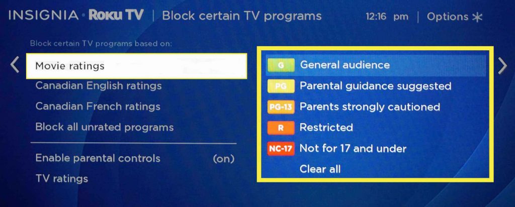 Select restriction to set up parental controls on Roku