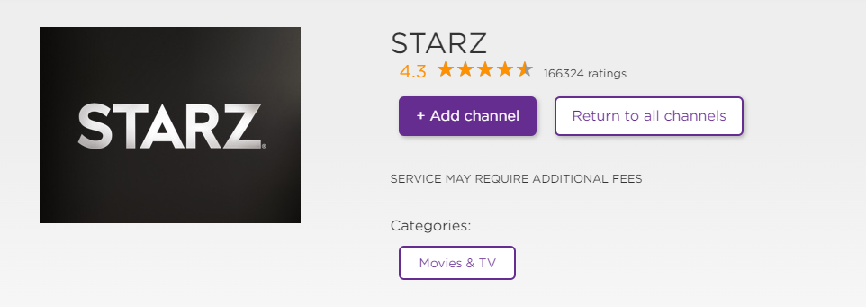 Select Add Channel to add Starz to Roku.