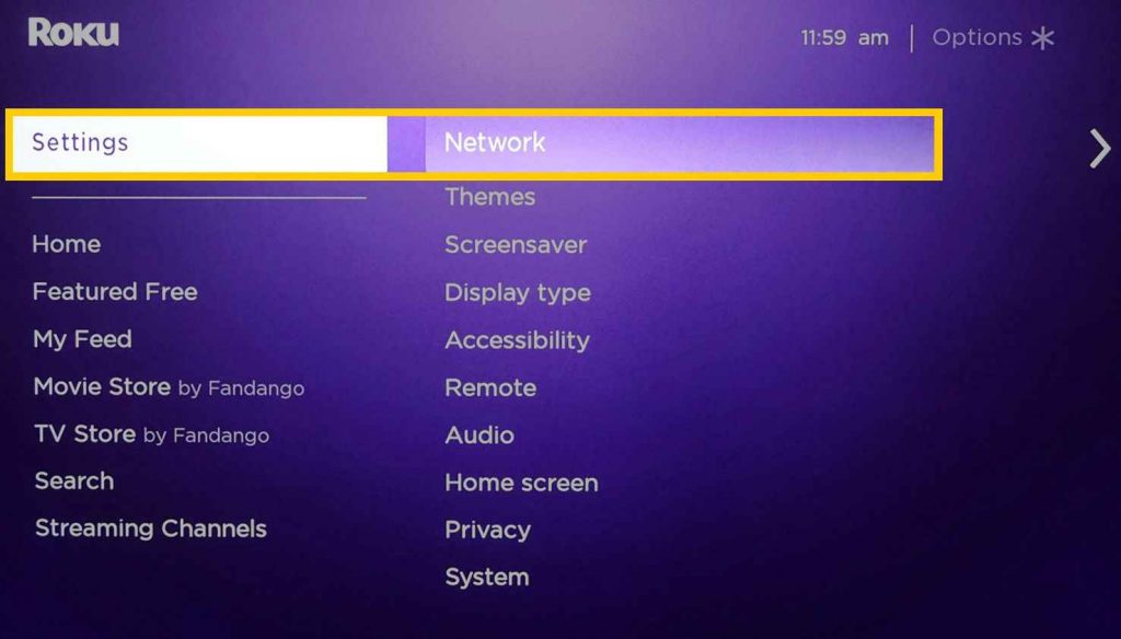 Select network to check Roku internet speed