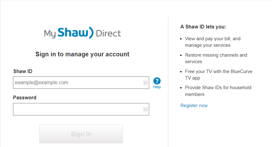 Select Register Now to Stream Shaw BlueCurve on Roku