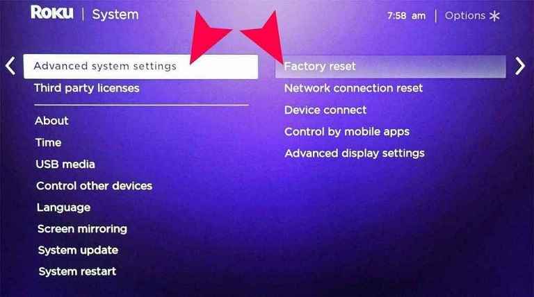 Select Factory reset to solve Roku remote volume not working