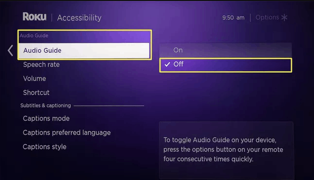 Select Off to turn off the Audio Guide feature