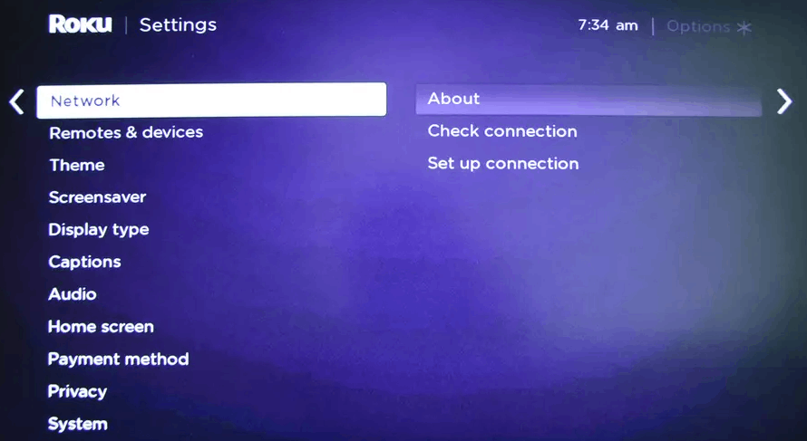 Select About to find the IP address of Roku
