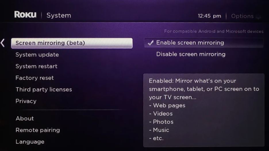 Enable Screen mirroring