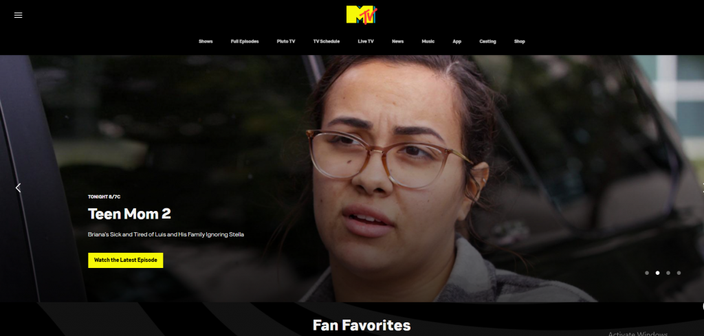 MTV webpage