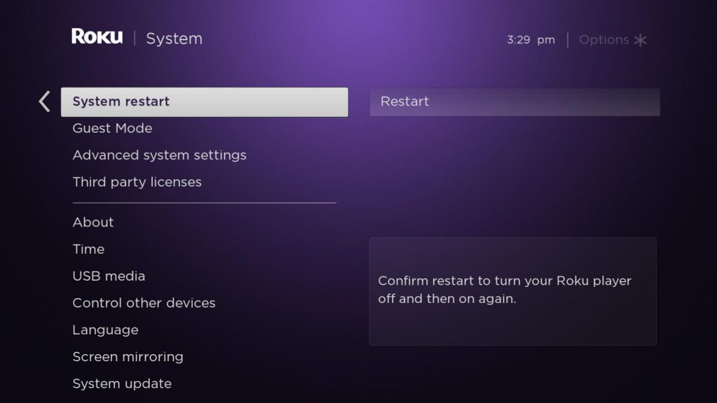 Select System Restart to fix Prime Video not working on Roku