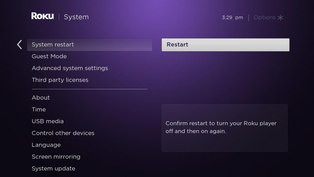 Select Restart to fix Prime Video not working on Roku