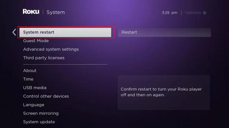 Choose the system restart option from the system menu.