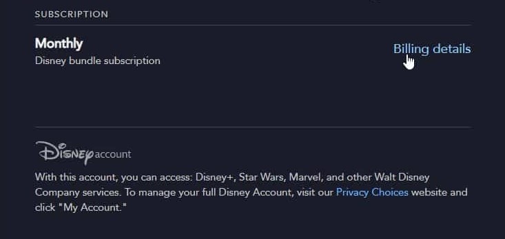 Billing details to Cancel Disney Plus on Roku
