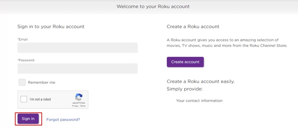 sign in on Roku website
