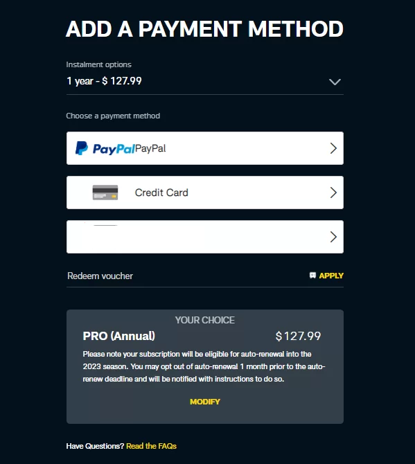 Choose a payment method - NFL Game Pass