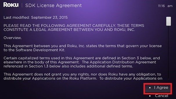 SDK License Agreement to use Roku Developer Mode