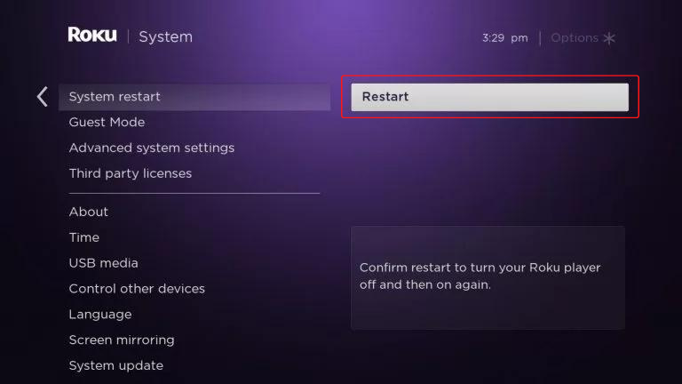 Click on the restart option from the menu to fix the BritBox not working on Roku