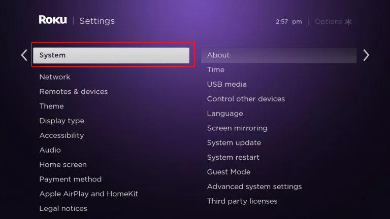 select the system option from the settings to fix the BritBox not working on Roku device
