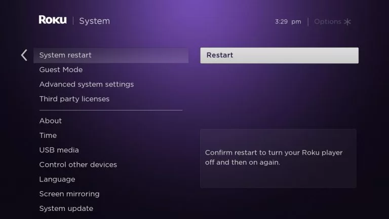 Select the Restart option to fix the peacock not working on Roku 