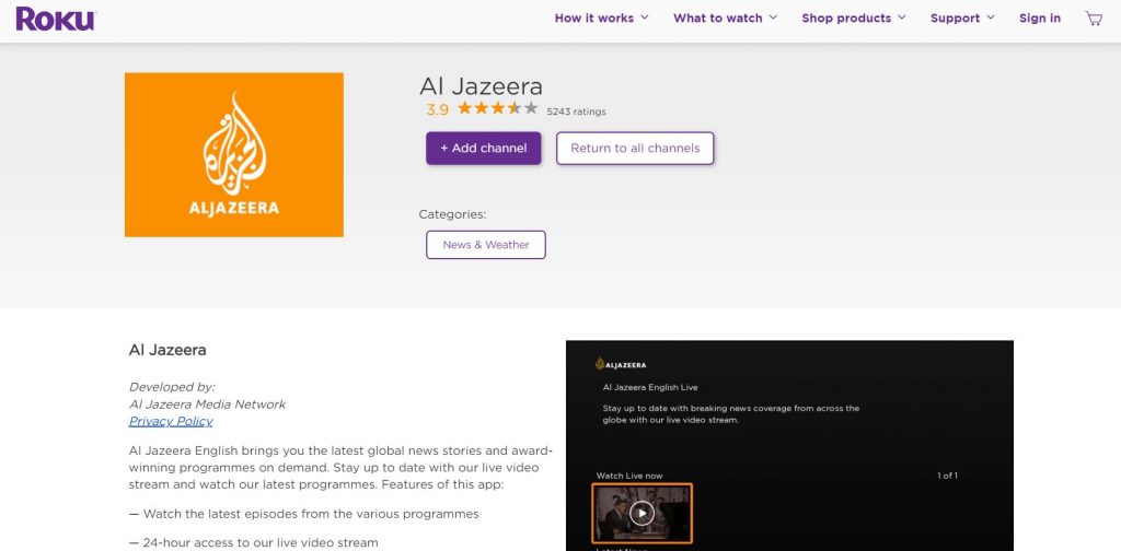 Click on the Add Channel option to install Al Jazeera on Roku
