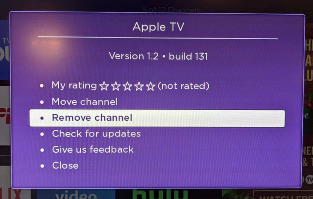 Select the Remove Channel option to remove the app on Roku