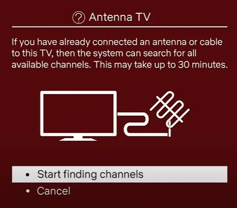 Select Start finding channels to watch cable on Roku TV
