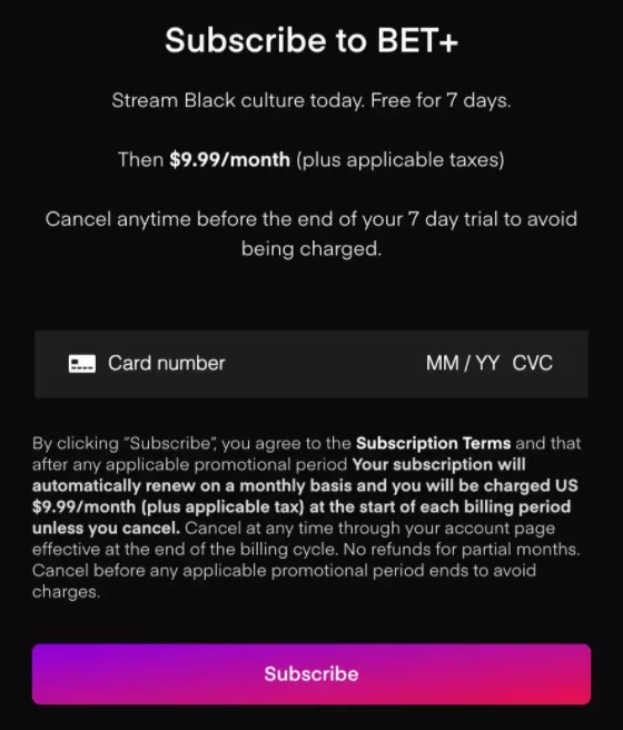 Subscription cost of Bet+ 