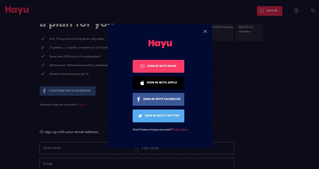 Sign in to your Hayu account